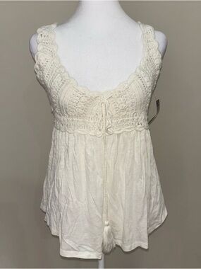 Lucky Brand Cream Crochet Bust Tie-Front Tank
